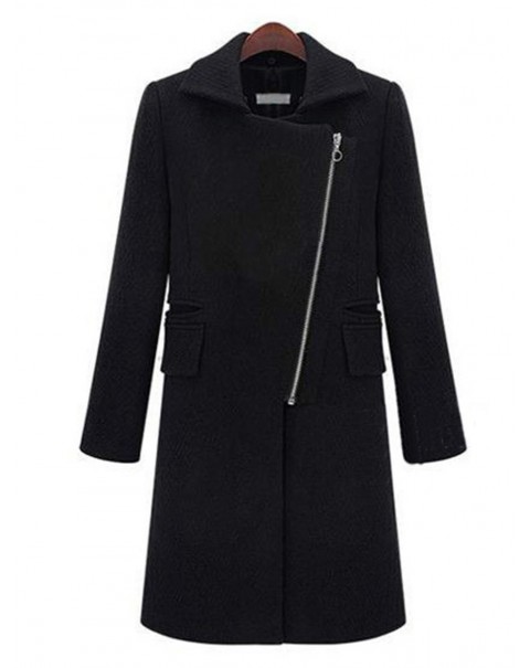 Black Lapel Long Sleeve Plain Mid-Length Coat