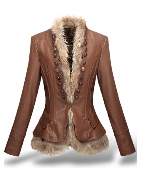 Short Fur Thick Long Sleeve V-Neck PU Jacket