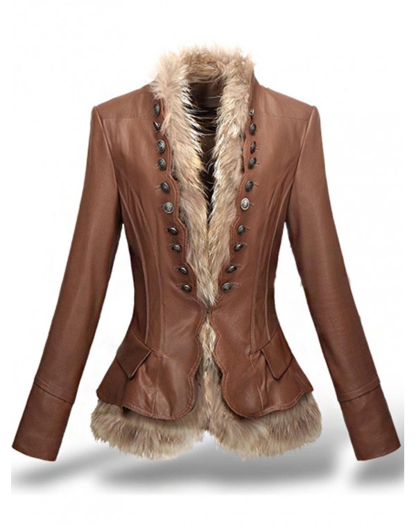 Short Fur Thick Long Sleeve V-Neck PU Jacket