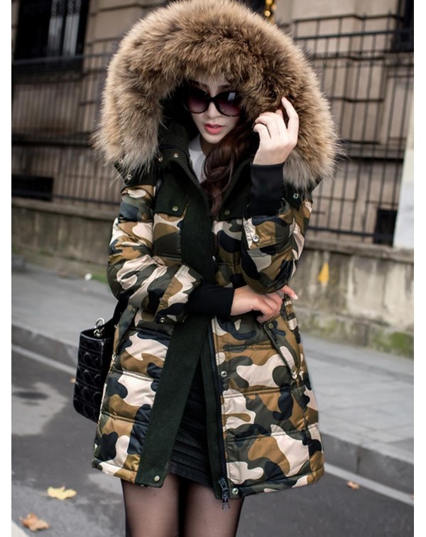 Camouflage Mid-Length Long Sleeve Straight Down Coat