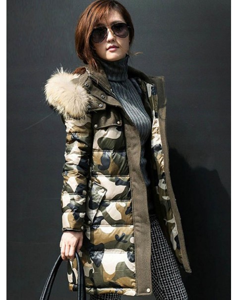 Camouflage Mid-Length Long Sleeve Straight Down Coat