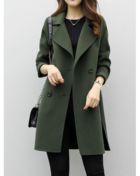 Solid Color Regular Lapel Mid-Length Double-Breasted Coat