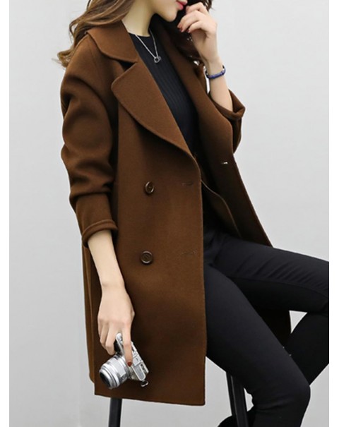 Solid Color Regular Lapel Mid-Length Double-Breasted Coat