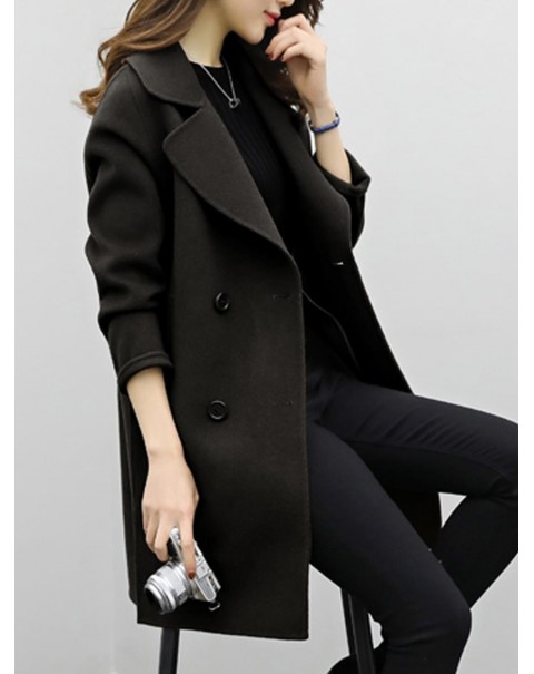 Solid Color Regular Lapel Mid-Length Double-Breasted Coat