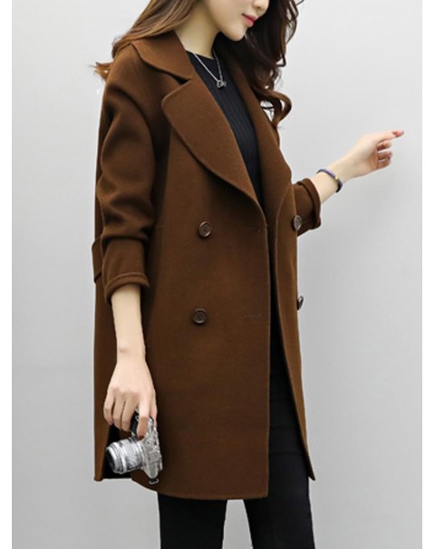 Solid Color Regular Lapel Mid-Length Double-Breasted Coat