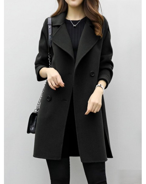 Solid Color Regular Lapel Mid-Length Double-Breasted Coat