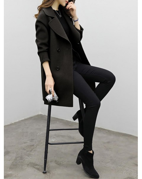 Solid Color Regular Lapel Mid-Length Double-Breasted Coat