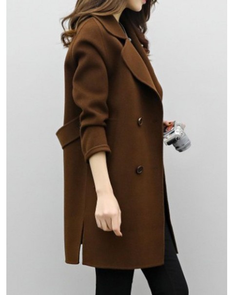 Solid Color Regular Lapel Mid-Length Double-Breasted Coat