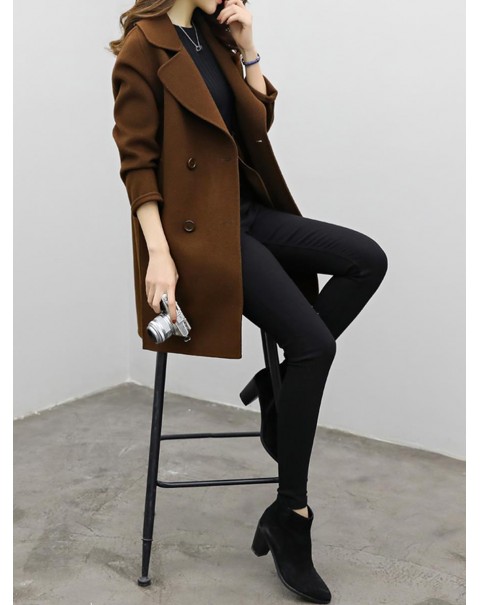 Solid Color Regular Lapel Mid-Length Double-Breasted Coat