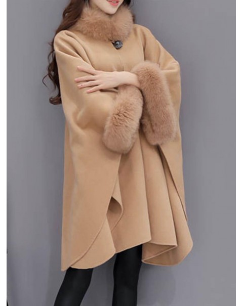 khaki/Gray One Button Plain Wool Cape