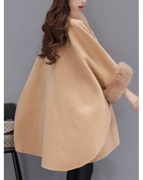 khaki/Gray One Button Plain Wool Cape