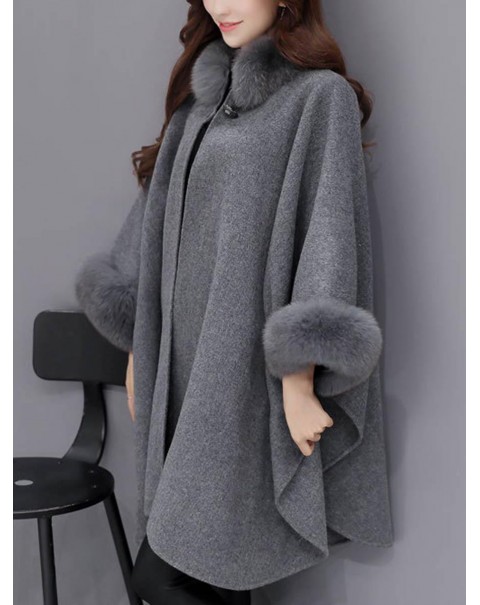 khaki/Gray One Button Plain Wool Cape