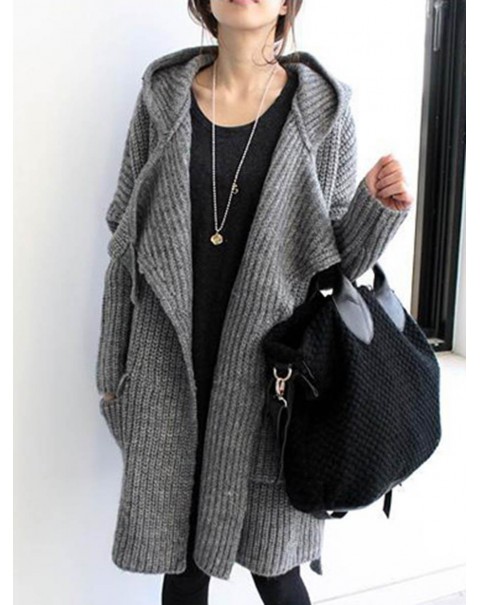 Cute Gray Mid-Length Long Sleeve Loose Knit Cardigan