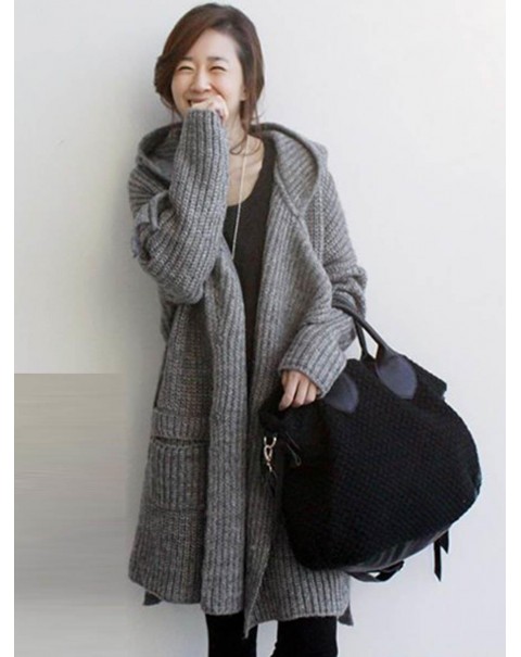 Cute Gray Mid-Length Long Sleeve Loose Knit Cardigan