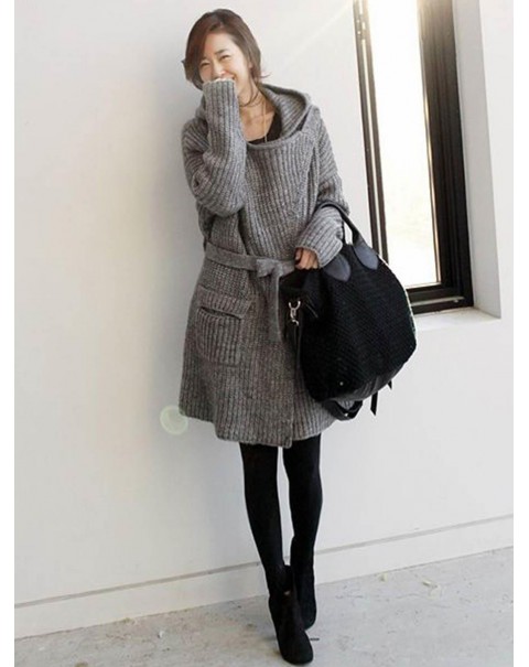 Cute Gray Mid-Length Long Sleeve Loose Knit Cardigan