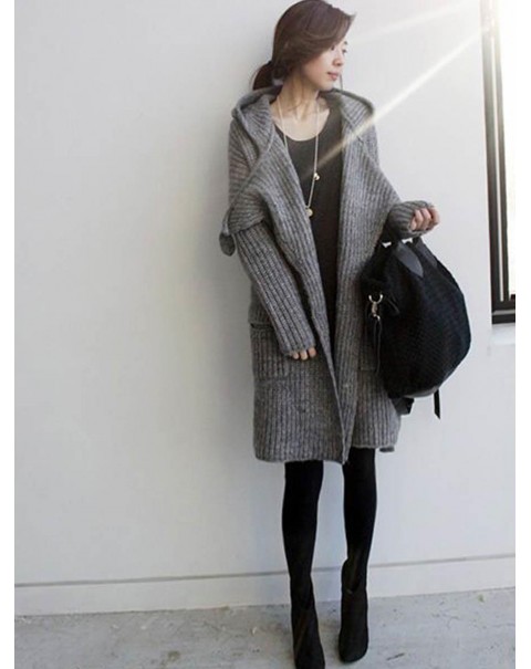 Cute Gray Mid-Length Long Sleeve Loose Knit Cardigan