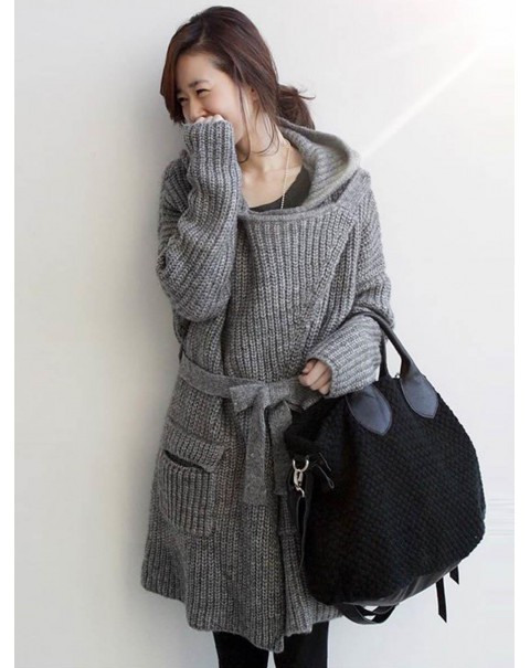 Cute Gray Mid-Length Long Sleeve Loose Knit Cardigan