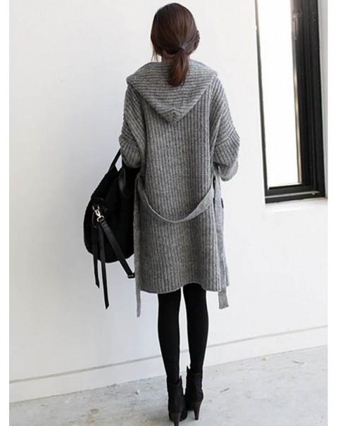 Cute Gray Mid-Length Long Sleeve Loose Knit Cardigan