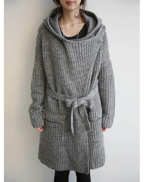 Cute Gray Mid-Length Long Sleeve Loose Knit Cardigan