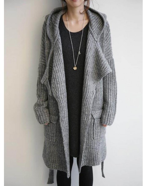 Cute Gray Mid-Length Long Sleeve Loose Knit Cardigan