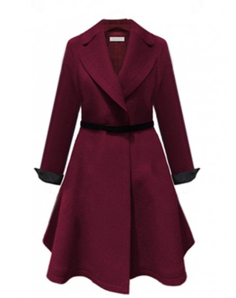 Wine Red Long Sleeve Lapel Lace-up Coat