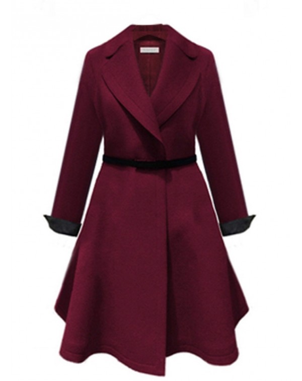 Wine Red Long Sleeve Lapel Lace-up Coat