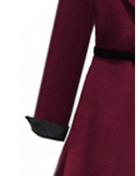 Wine Red Long Sleeve Lapel Lace-up Coat