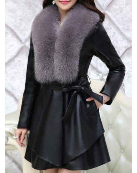 Black/Red Warm Mid-Length Long Sleeve Fur Overcoat