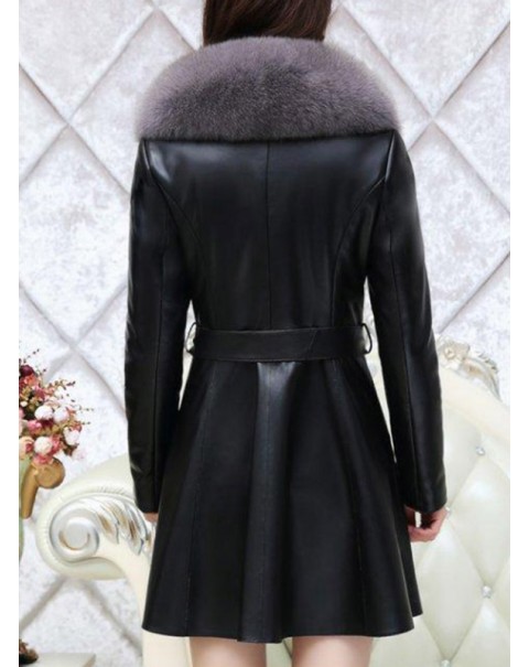 Black/Red Warm Mid-Length Long Sleeve Fur Overcoat