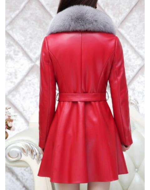 Black/Red Warm Mid-Length Long Sleeve Fur Overcoat