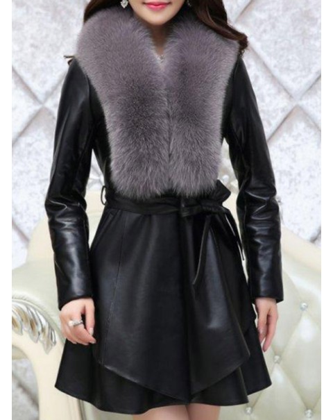 Black/Red Warm Mid-Length Long Sleeve Fur Overcoat