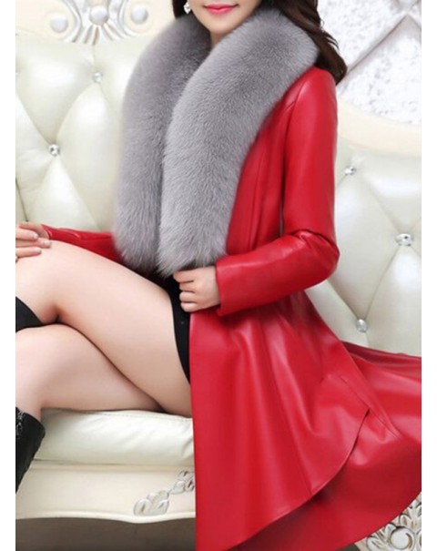 Black/Red Warm Mid-Length Long Sleeve Fur Overcoat