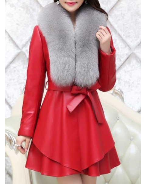 Black/Red Warm Mid-Length Long Sleeve Fur Overcoat