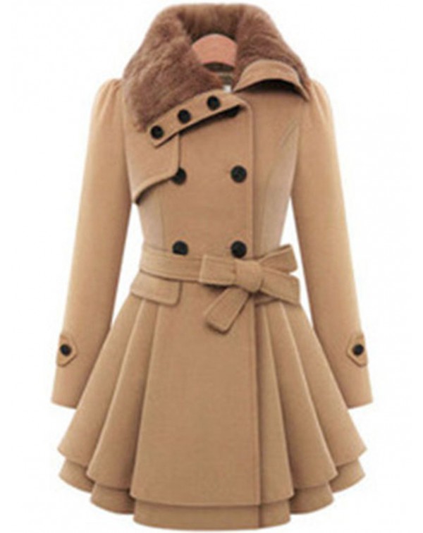 Casual Solid Collor Mid-Length Wool Lapel Long Sleeve Coat