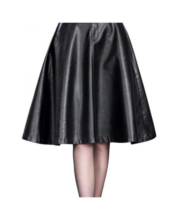 Women Black Elastic High Waist Leather Skirt