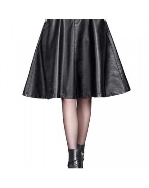 Women Black Elastic High Waist Leather Skirt