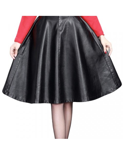 Women Black Elastic High Waist Leather Skirt