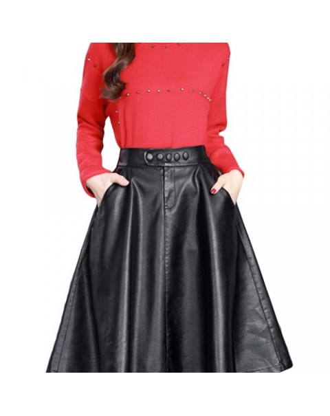 Women Black Elastic High Waist Leather Skirt