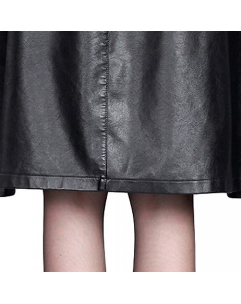 Women Black Elastic High Waist Leather Skirt