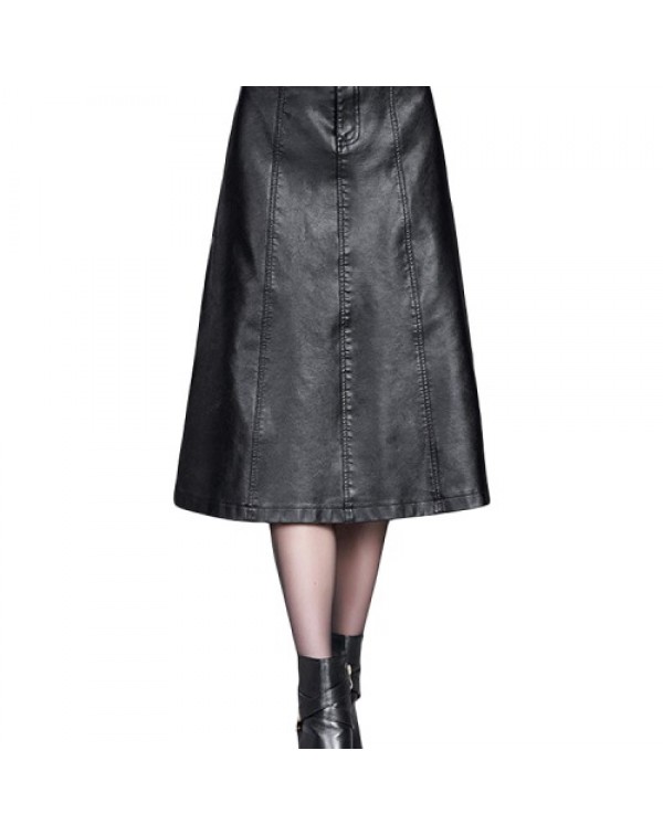  Women Black High Waist Leather Skirt