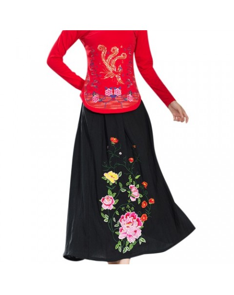 Black/Red Embroidery Loose Original Ethnic Floral Skirt