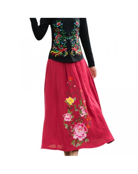 Black/Red Embroidery Loose Original Ethnic Floral Skirt