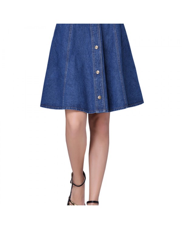 Dark Blue Single Breasted A-line Denim Skirt