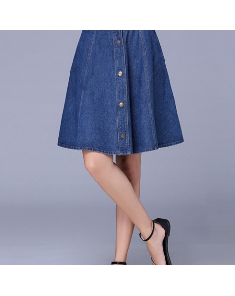 Dark Blue Single Breasted A-line Denim Skirt