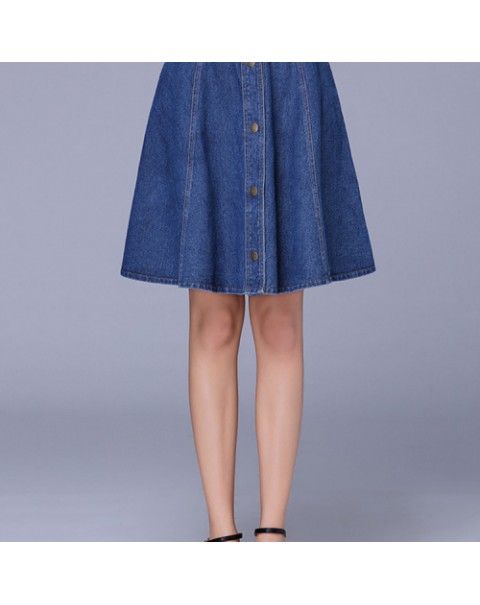 Dark Blue Single Breasted A-line Denim Skirt