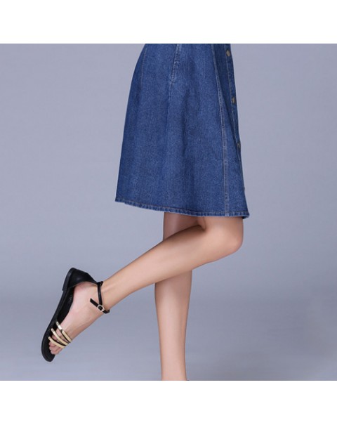 Dark Blue Single Breasted A-line Denim Skirt