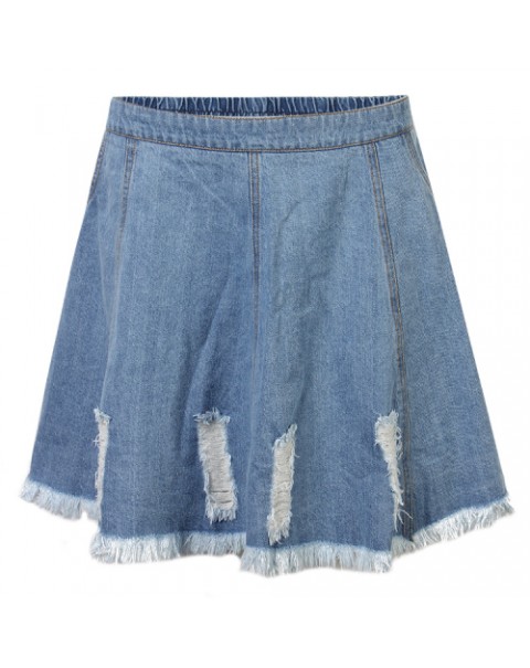 Blue Casual Elastic Waist Ripped Denim Mini Skirt