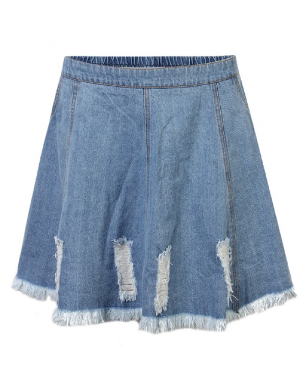 Blue Casual Elastic Waist Ripped Denim Mini Skirt