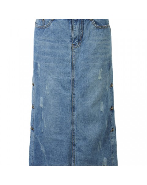 Blue Elegant Button High Waist Split Denim Midi Skirt