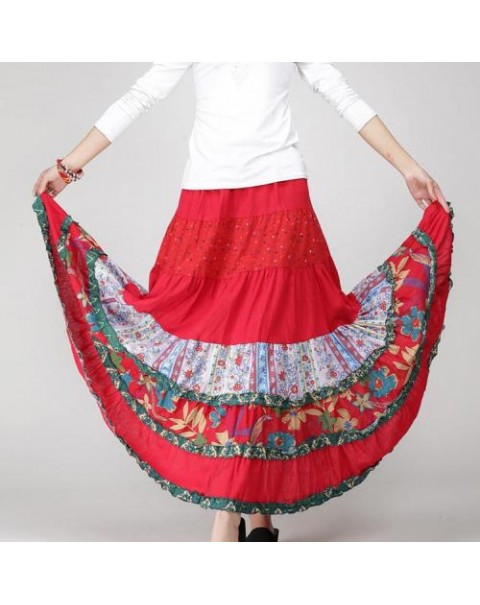 Colorful High Waist Floral Patchwork Ethnic Skirt